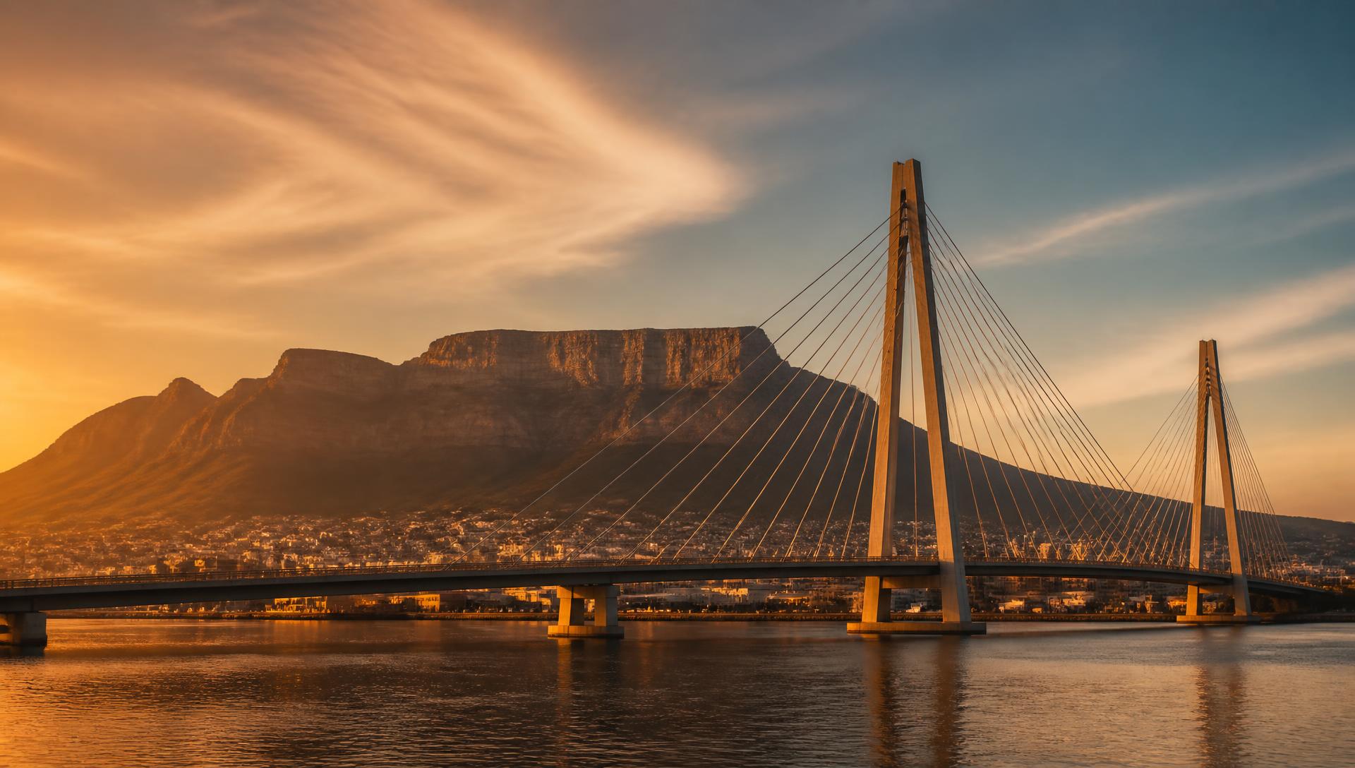 Cape Town harbour bridge at sunset with Table Mountain