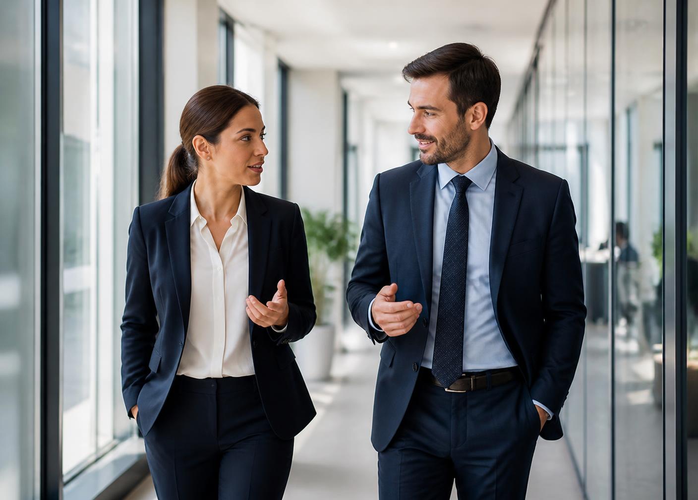 Business professionals walking and talking