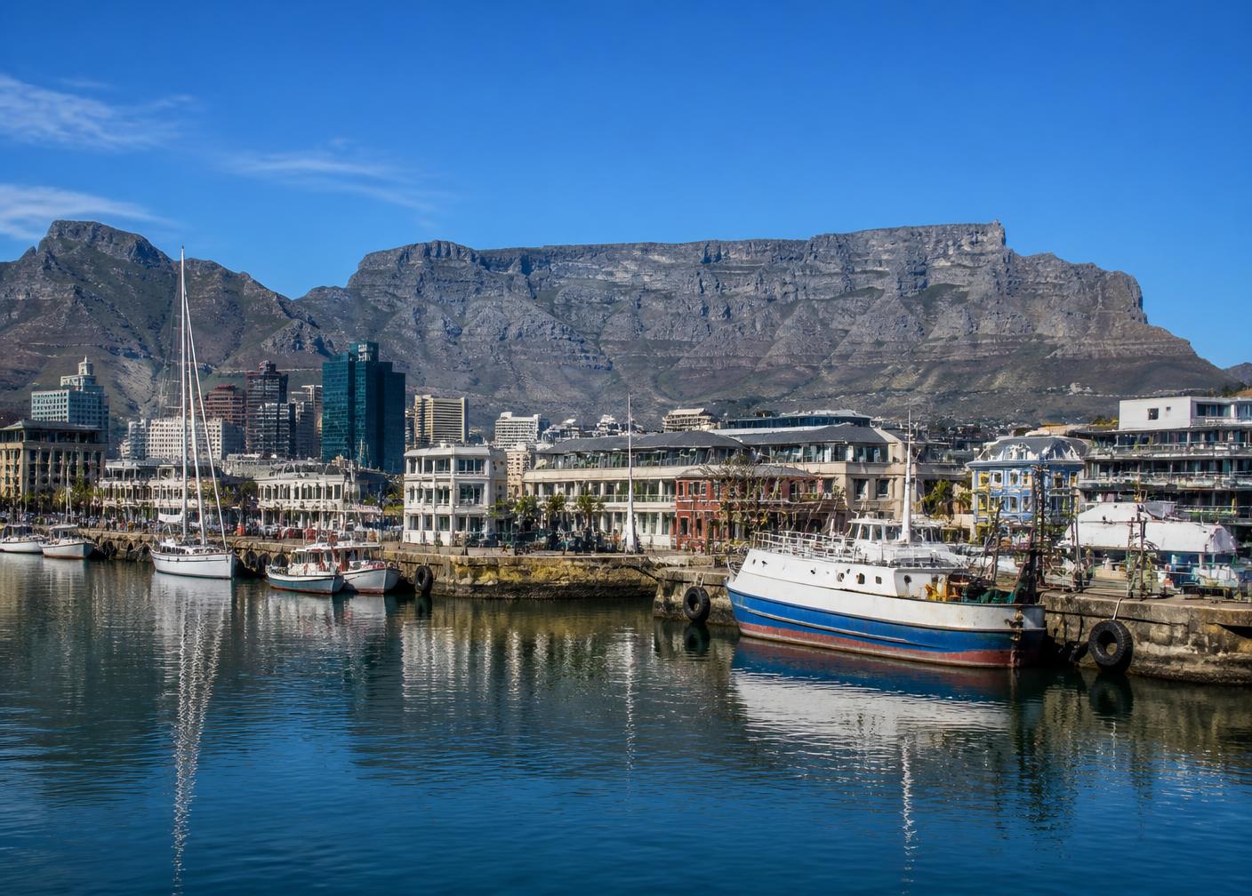 Aerial view of the Cape Town waterfront with Table Mountain
