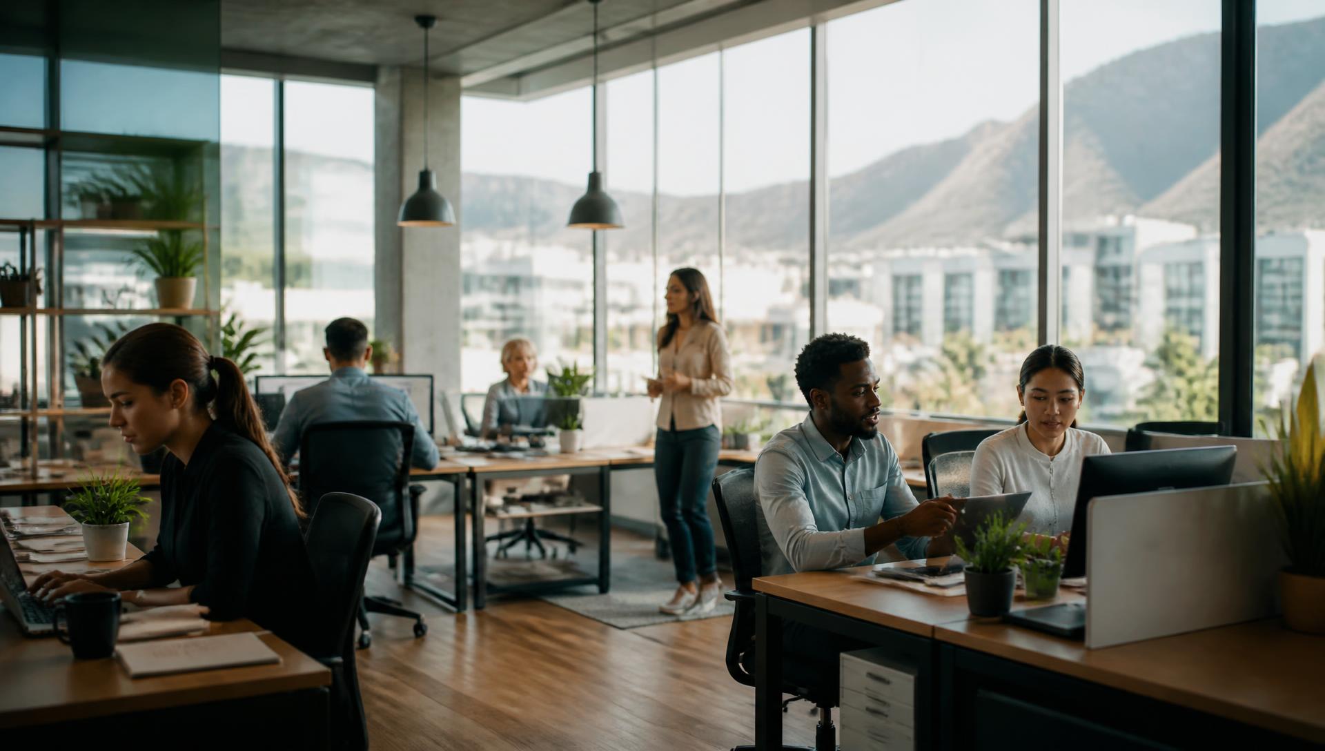 Modern office with employees working, overlooking a city and mountain