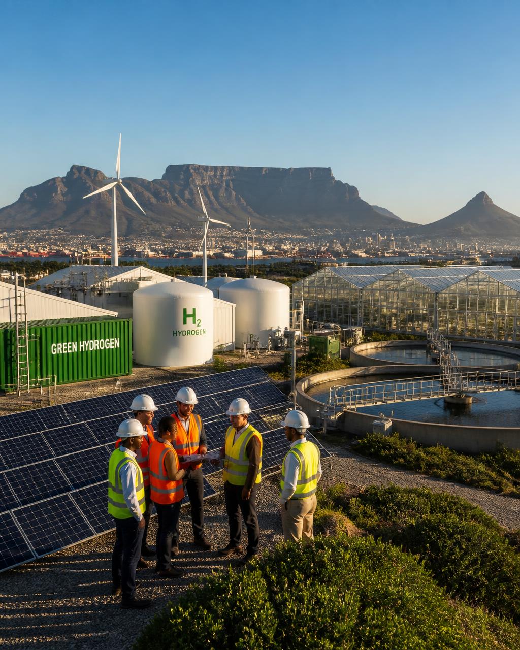 Engineers and technicians at a green hydrogen, solar and water-treatment facility with Table Mountain in the background